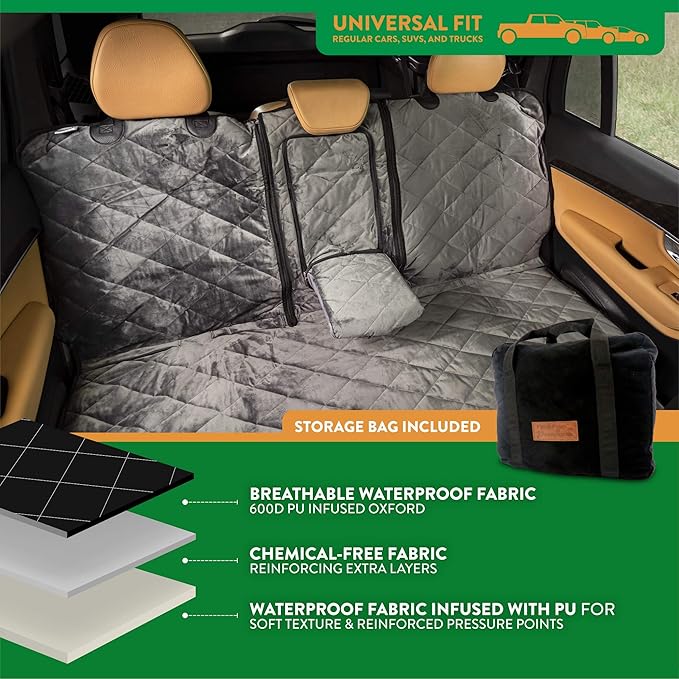 Plush Paws Products Velvet Convertible Rear Seat Cover | Durable Diamond Stitching | Washable &amp; Waterproof Back Seat Cover | Car, Truck &amp; SUV | Nonslip, Tear Resistant Protection | X-Large London Grey
