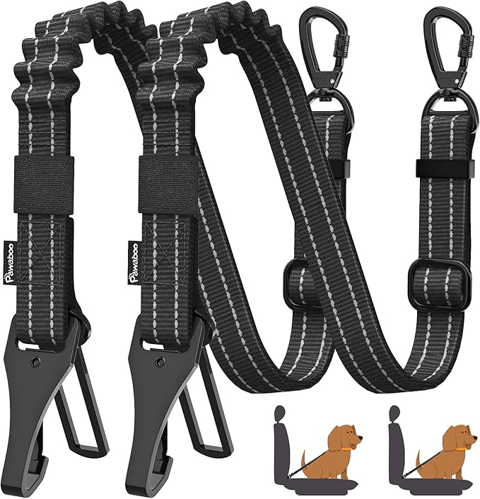 Pawaboo 2Pack Dog Seatbelt for Car, 3-in-1 Dog Car Seat Belt Bungee,Shockproof Dogs Tether for Car with Buckle &amp; Hook Latch, Adjustable Reflective Dog Car Harness Leash with 360° Lockable Buckle,Black