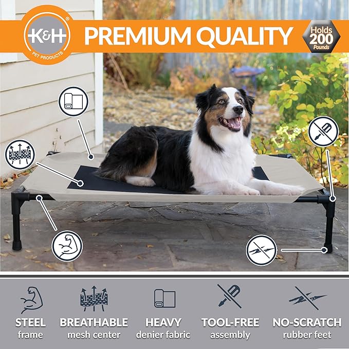 K&amp;H Pet Products Outdoor Elevated Dog Cot, Breathable Cooling Elevated Cot Hammock Pet Bed for Large Dogs, Washable Mesh Cover, Raised Metal Frame, Collapsible, Portable - Large 42 X 30in Taupe
