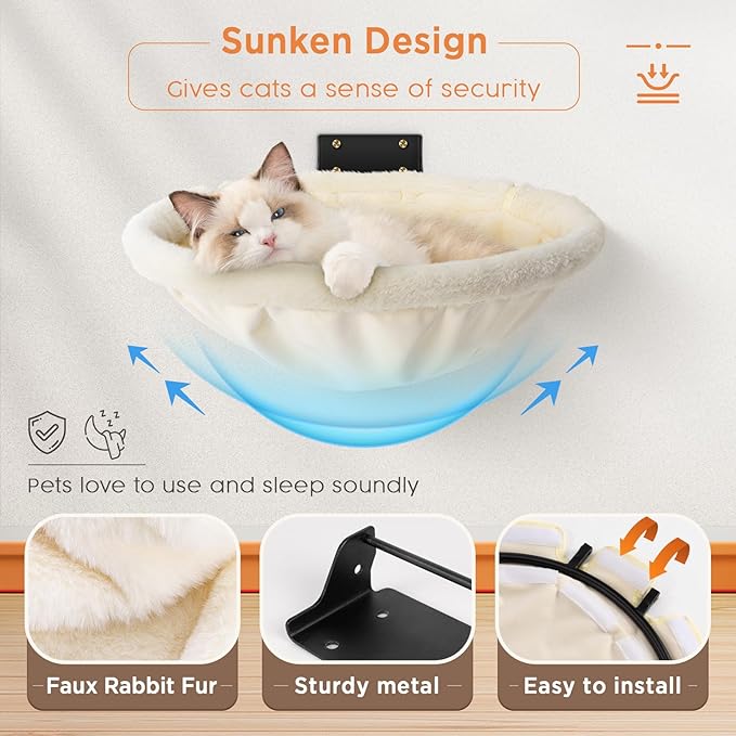 Cat Hammock Wall Mounted, Foldable &amp; Stable Cat Beds- Breathable Cats Wall Shelves for Sleeping, Playing, Climbing, and Lounging - Maximum Hold Up to 30lb（Cream,Faux Rabbit Fur）