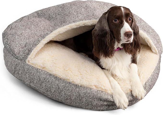 Snoozer Luxury Cozy Cave Dog Bed - Indoor Dog Bed with Cover Cave, Covered Calming Burrow for Small &amp; Medium Sized Pets with Blanket Attached, Enclosed, Washable - Large, Merlin Linen