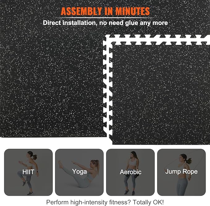 VEVOR 0.56Inch 48sq.ft 12 Tiles Gym Flooring for Home Gym, Rubber Top with High Density EVA Foam,25 x 25In Gym Floor Exercise Equipment Mats, Interlocking Gym Mats, Puzzle Workout Mats, Black &amp; Grey