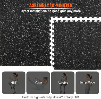 VEVOR 0.56Inch 48sq.ft 12 Tiles Gym Flooring for Home Gym, Rubber Top with High Density EVA Foam,25 x 25In Gym Floor Exercise Equipment Mats, Interlocking Gym Mats, Puzzle Workout Mats, Black &amp; Grey