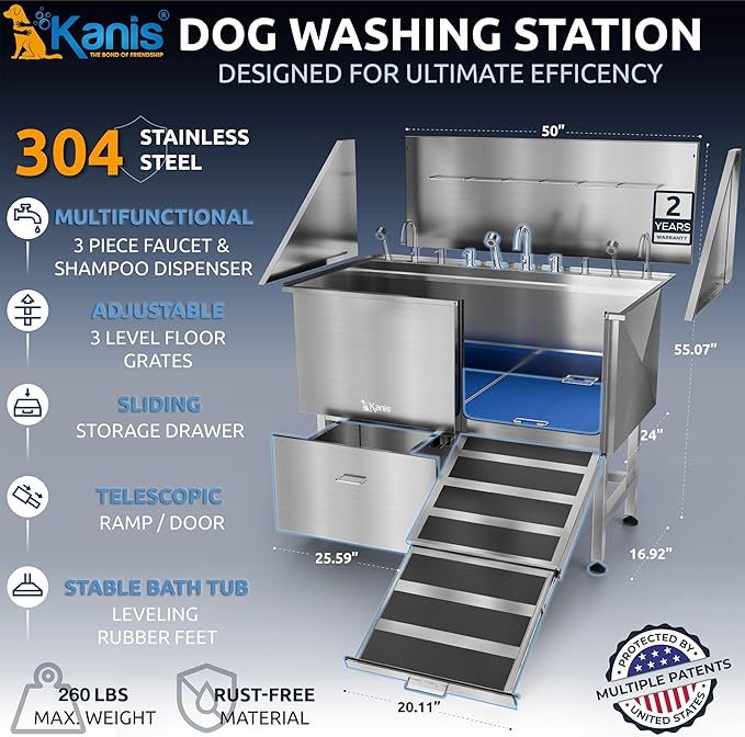 KANIS Professional Dog Washing Station - 304 Stainless Steel Pet Wash Sink &amp; Grooming Bath Tub for Home with Ramp, Shower, Floor Grate, Storage Drawer, Faucet, Drain Kit for Large, Medium &amp; Small Pets
