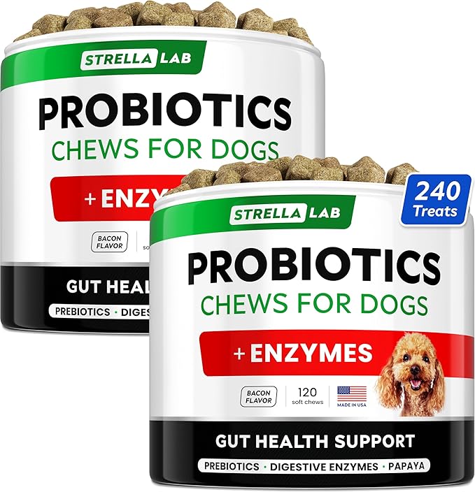 StrellaLab Dog Probiotics Treats for Picky Eaters - Digestive Enzymes + Prebiotics - Chewable Fiber Supplement - Allergy, Diarrhea, Gas, Constipation, Upset Stomach Relief - Improve Digestion&amp;Immunit