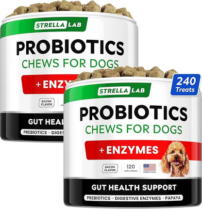 StrellaLab Dog Probiotics Treats for Picky Eaters - Digestive Enzymes + Prebiotics - Chewable Fiber Supplement - Allergy, Diarrhea, Gas, Constipation, Upset Stomach Relief - Improve Digestion&amp;Immunit