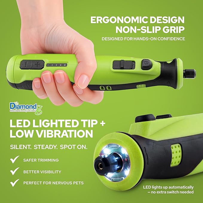 Diamondg Cordless Dog Nail Grinder with Quiet Sound &amp; LED Tip for Large &amp; Small Dogs, 4hrs. Runtime, 2 Bits Included, Green