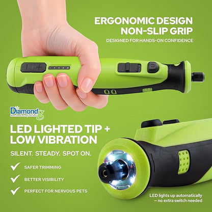 Diamondg Cordless Dog Nail Grinder with Quiet Sound &amp; LED Tip for Large &amp; Small Dogs, 4hrs. Runtime, 2 Bits Included, Green