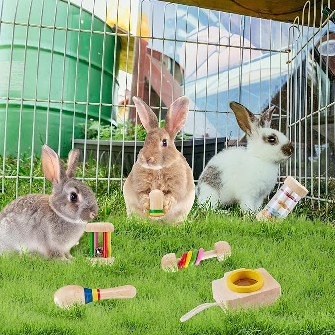 6 Pcs Wooden Bunny Toys - Safe Rabbit &amp; Guinea Pigs Teeth Grinding Toys for Chinchillas, Hamsters &amp; Small Animals - Indoor &amp; Outdoor