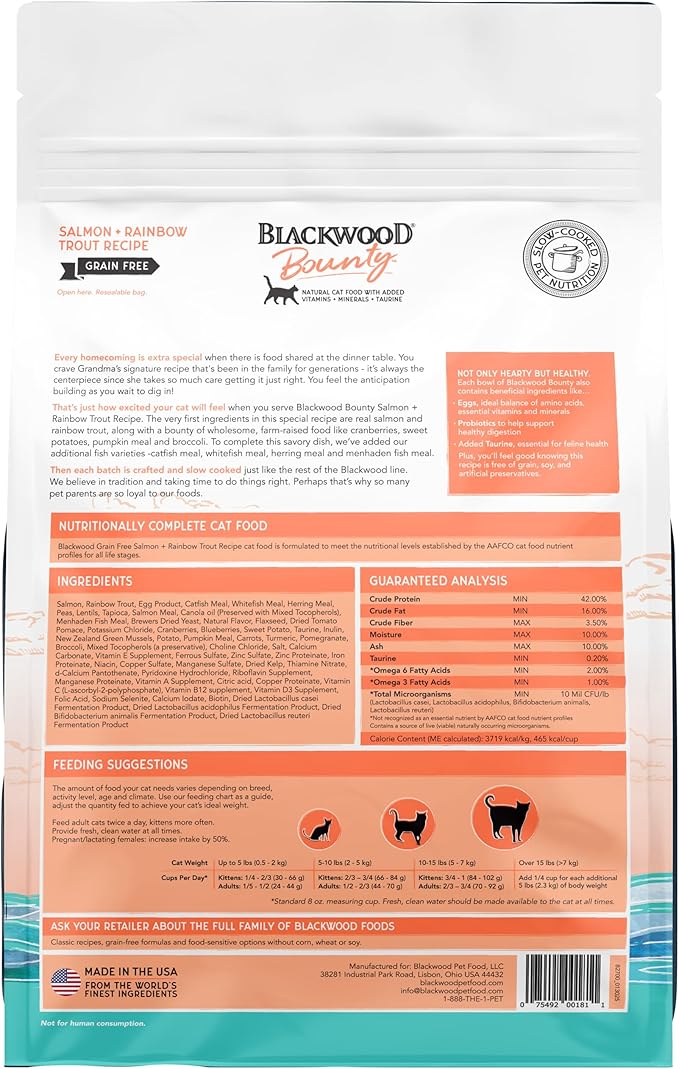 Blackwood Bounty Dry Cat Food, Salmon &amp; Rainbow Trout Recipe for All Life Stages, 2 Pound Bag, High Protein, Grain Free