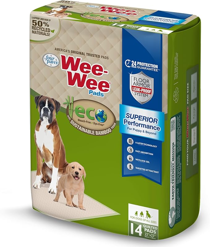 Four Paws Wee-Wee Superior Performance Bamboo Pee Pads for Dogs, Earth Friendly Dog &amp; Puppy Potty Training Pads, Crate Liners, Housebreaking Supplies, 22" x 23" (14 Count)