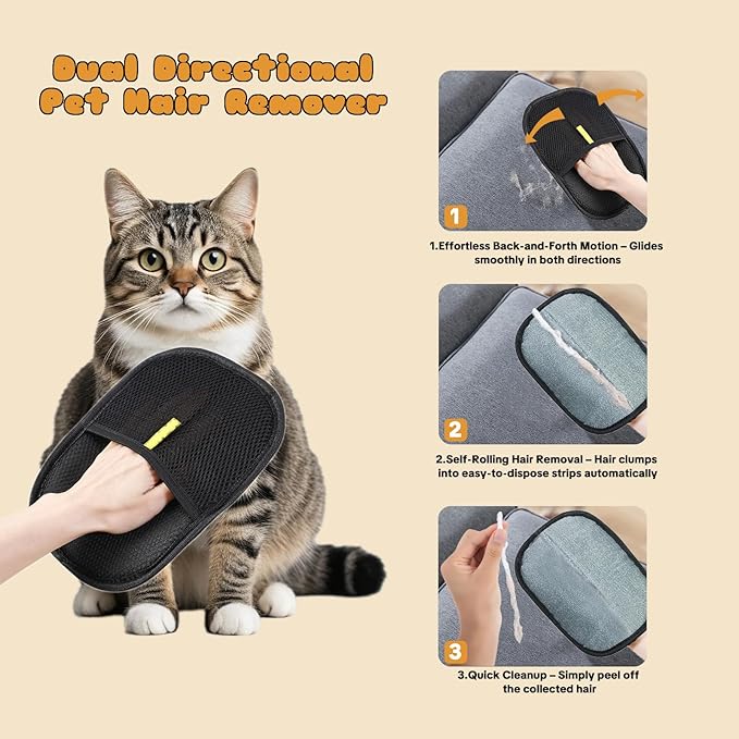 Pet Hair Removal Gloves for Cats &amp; Dogs – Reusable Grooming Glove with Static Charge to Remove Fur from Furniture, Carpet, Car Seats &amp; Clothes – Upgraded Pet Hair Remover Mitt(2PCS)