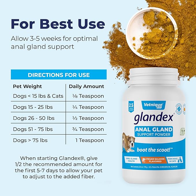 Vetnique Glandex Dog Fiber Supplement Powder for Anal Glands with Pumpkin, Digestive Enzymes &amp; Dog Probiotics for Digestive Health - Vet Recommended - Boot The Scoot (Vegan Salmon, 2.5oz Powder)