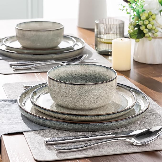 GBHOME Ceramic Dinnerware Sets for 4, 12 Pieces Stoneware Plates and Bowls Sets, Reactive Glaze Dishes -Scratch Resistant, Dishwasher&amp;Microwave Safe, Green Wheat