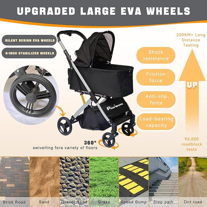 Pet Stroller for Small &amp; Medium Dogs Cats up to 55 lbs 4-in-1 Foldable Travel Pet Stroller with Detachable Carrier Lightweight All-Terrain Spring Damping,Car Seat,Sun Canopy,Black