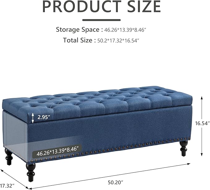 Ottoman with Storage,50.2-inch Upholstered End of Bed Storage Bench for Bedroom,for The Living Room,for Entryway, with Rivets &amp; Button and Safety Hinges,Detachable (Blue)