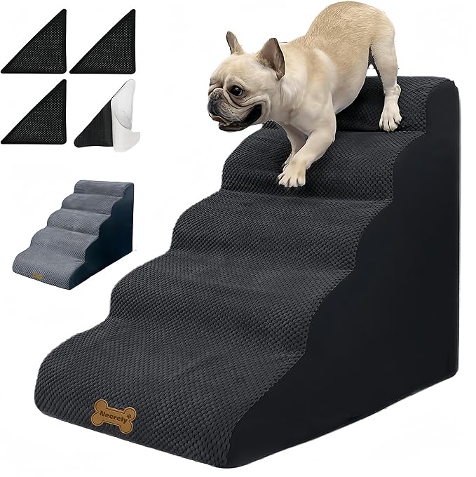 Dog Stairs &amp; Pet Ramp for Small/Large Dogs to High Beds/Couches - 5 Steps 24-inch Height for 18-30 inch Furniture, 2 Washable Covers (Black, Grey), Non-Slip Balanced 33D Design for Old Dogs &amp; Cats