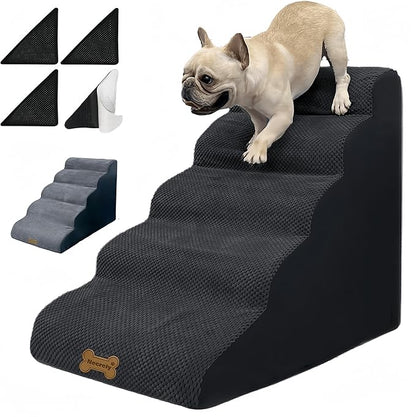 Dog Stairs &amp; Pet Ramp for Small/Large Dogs to High Beds/Couches - 5 Steps 24-inch Height for 18-30 inch Furniture, 2 Washable Covers (Black, Grey), Non-Slip Balanced 33D Design for Old Dogs &amp; Cats