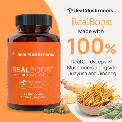 Real Mushrooms RealBoost Capsules – Cordyceps Mushroom, Panax Ginseng &amp; Guayusa Extract – for Overall Wellness &amp; Energy Support – Vegan, Non-GMO, No Fillers – 60 Count Mushroom Supplement Blend