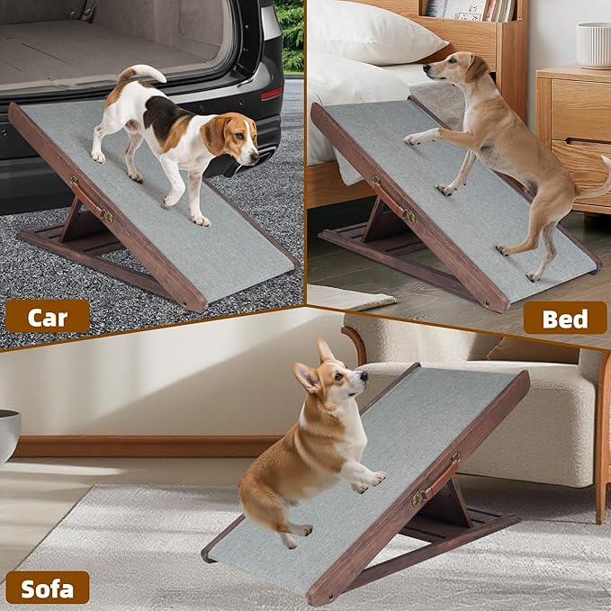 Folding Dog Ramp for Bed, Couch, Car, SUV &amp; RV - Adjustable 4 Heights (12.2"-19.2"), 35.4" Long Wooden Pet Ramp with Non-Slip Mat &amp; Safety Rails - Supports Pets up to 200 lbs
