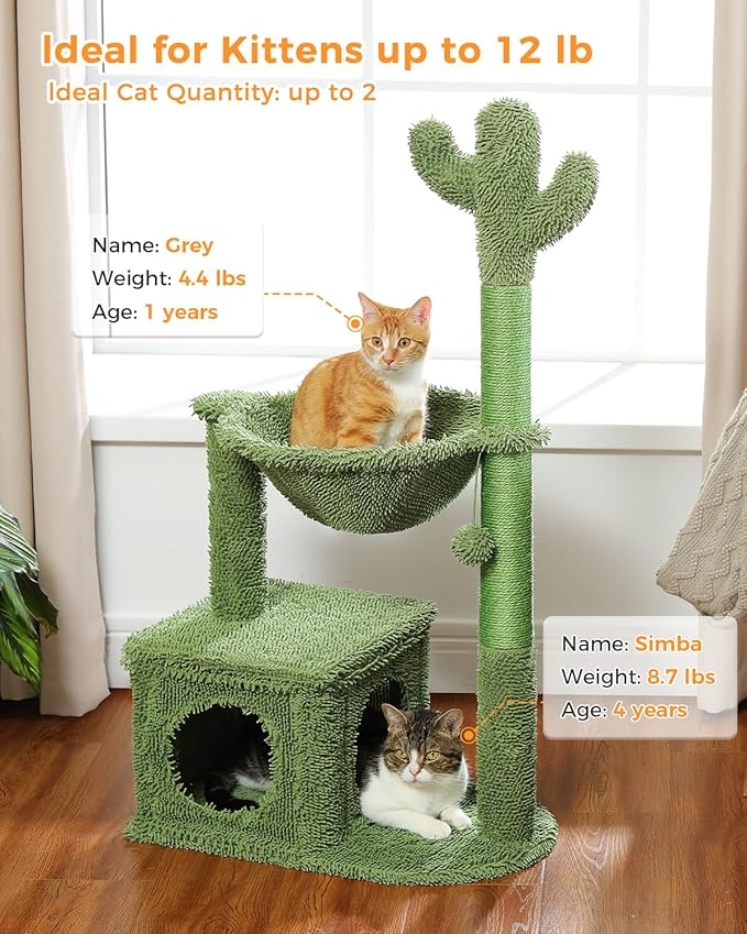 Cactus Cat Tree 40" Cat Tower with Large Metal Carpet Hammock, Cat Scratching Post for Indoor Cats with Condo &amp; Replaceable Toy Ball, Green