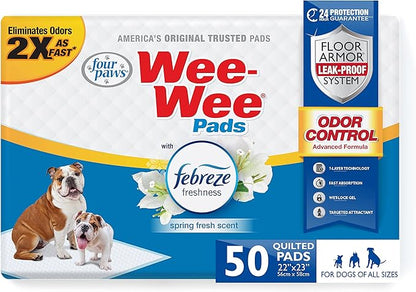 Four Paws Wee-Wee Odor Control with Febreze Freshness Pee Pads for Dogs &amp; Puppies, Leak-Proof Dog Housebreaking Potty Training Floor Protection, Spring Fresh Scent, 22" x 23", 50 Count