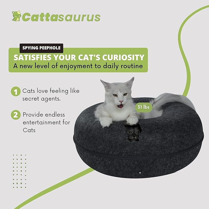 CATTASAURUS Peekaboo Cat Cave for Multiple &amp; Large Cats Up to 30-45 Lbs, Scratch Detachable &amp; Washable Tunnel Bed, Comfy Donut Cat Cave (Dark Gray, Jumbo)