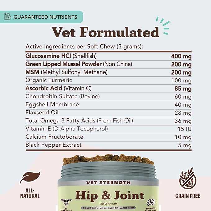 Natural Dog Company Vet Strength Hip &amp; Joint Chews for Senior Dogs (90ct) Joint &amp; Flexibility Support, Arthritis Relief for Senior Dogs, 1.3X Glucosamine, 2X Green Lipped Mussel &amp; MSM for Dog Mobility