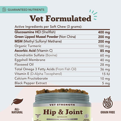 Natural Dog Company Vet Strength Hip &amp; Joint Chews for Senior Dogs (90ct) Joint &amp; Flexibility Support, Arthritis Relief for Senior Dogs, 1.3X Glucosamine, 2X Green Lipped Mussel &amp; MSM for Dog Mobility