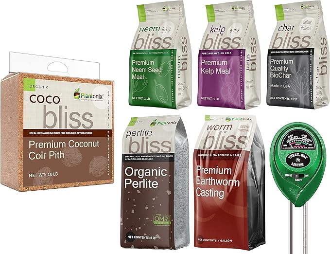 Coco Coir Brick (10lbs), Organic Perlite, Worm Castings, Neem Seed Meal, Kelp Meal Fertilizer, &amp; Organic Biochar for Plants - Potting Soil &amp; Garden Fertilizer Mix - 100% Natural Gardening Bundle