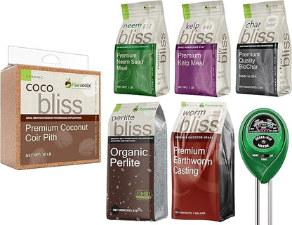 Coco Coir Brick (10lbs), Organic Perlite, Worm Castings, Neem Seed Meal, Kelp Meal Fertilizer, &amp; Organic Biochar for Plants - Potting Soil &amp; Garden Fertilizer Mix - 100% Natural Gardening Bundle