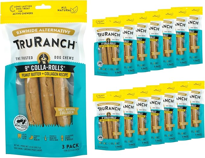 Collagen Rolls - 9" Collagen Rolls for Dogs - Long Lasting Healthy Joint Support - Rawhide Alternative - Skin &amp; Coat Health - Made with Real Peanut Butter, Value Pack, 15 Bags, 45 Count