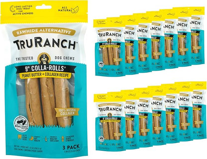 Collagen Rolls - 9" Collagen Rolls for Dogs - Long Lasting Healthy Joint Support - Rawhide Alternative - Skin &amp; Coat Health - Made with Real Peanut Butter, Value Pack, 15 Bags, 45 Count