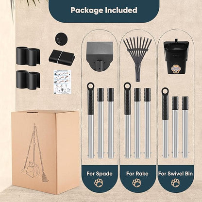 Stainless Steel Dog Pooper Scooper,40" Long Handle Swivel Bin, Rake and Spade,20 Waste Bags &amp; Hook - Heavy Duty Portable Metal Poop Scooper for Large,Medium and Small Dogs
