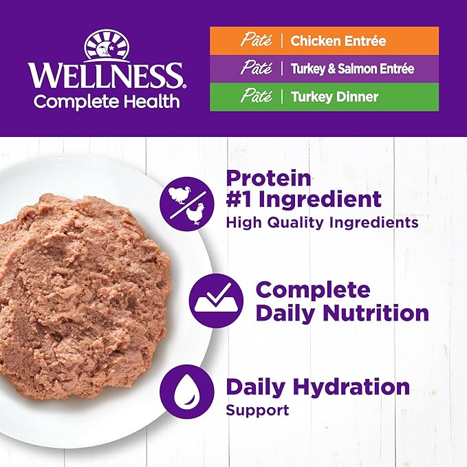 Wellness Complete Health Pate Adult Wet Cat Food, Natural, Protein-Rich, Grain-Free, 3 Ounce, 24 Pack, (Chicken &amp; Turkey Variety Pack)