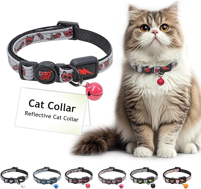 DOCO Cat Collar (Neck Girth - 3/8" x 7.5-12", Weight Upto - 13lb) Reflective Cat Collar with Bell, Breakaway Safety Buckle, Adjustable Nylon Strap for Kittens &amp; Adult Cats (Red)