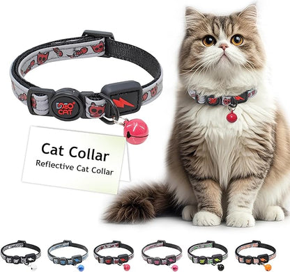 DOCO Cat Collar (Neck Girth - 3/8" x 7.5-12", Weight Upto - 13lb) Reflective Cat Collar with Bell, Breakaway Safety Buckle, Adjustable Nylon Strap for Kittens &amp; Adult Cats (Red)