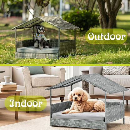 Wicker Dog House Outdoor Indoor with Canopy, Elevated Dog Shelter &amp; Dog Bed with Light Gray Cushion, Water-Resistant Raised Pet House for Small Medium Dogs, Rattan Dog Cot for Deck, Patio, Yard, Pool