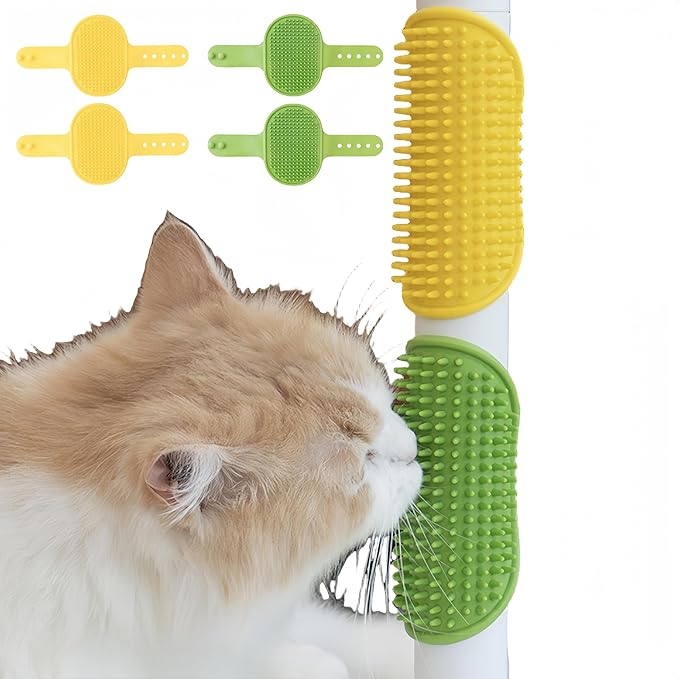 4-Pack Silicone Cat Brush Set, Pet Scratcher and Massager – Adjustable Pet Deshedding Brush, Bath Brush for Cats and Dogs, Suitable for Furniture Legs &amp; Corners (4PCS (2 Yellow + 2 Green))