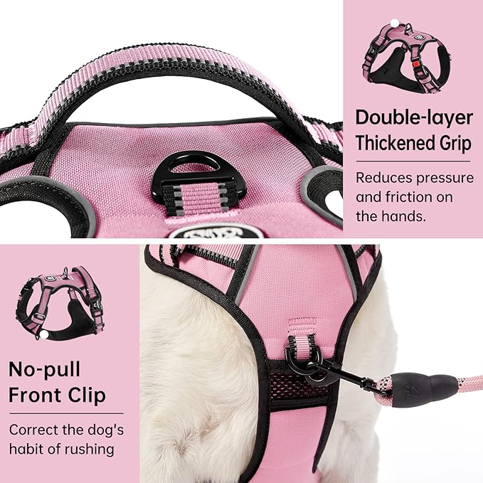 IVY&amp;LANE No Pull Dog Harness for Small Dogs, Dog Vest Harness with Leash, Safety Belt and Storage Strap, Fully Adjustable, 360 Reflective Strip, Soft Handle (Pink, S)
