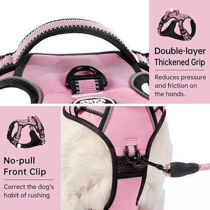 IVY&amp;LANE No Pull Dog Harness for Medium Dogs, Dog Vest Harness with Leash, Safety Belt and Storage Strap, Fully Adjustable Harness, 360° Reflective Strip, Soft Handle (Pink, M)