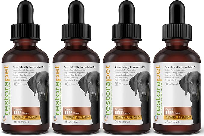 RestoraPet 4-Pack Dog &amp; Cat Beef Liquid Multivitamin | Dog Arthritis Pain Relief | Hip &amp; Joint Vitamins for Dogs - Anti Inflammatory Supplement for Dogs &amp; Cats | Organic &amp; Non-GMO, Vet Approved