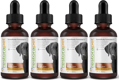 RestoraPet 4-Pack Dog &amp; Cat Beef Liquid Multivitamin | Dog Arthritis Pain Relief | Hip &amp; Joint Vitamins for Dogs - Anti Inflammatory Supplement for Dogs &amp; Cats | Organic &amp; Non-GMO, Vet Approved