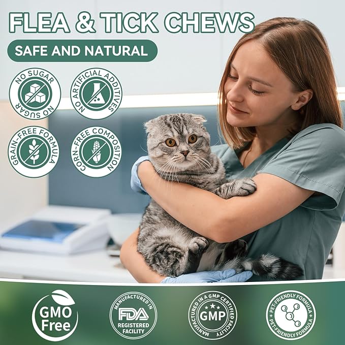 Natural Flea Treatment for Cats Chewables, 200 Soft Treats Flea and Tick Prevention for Cats, Oral Flea Supplement for Kitten Cat, Cat Flea and Tick Treatment, Skin &amp; Coat Support - All Breeds &amp; Ages
