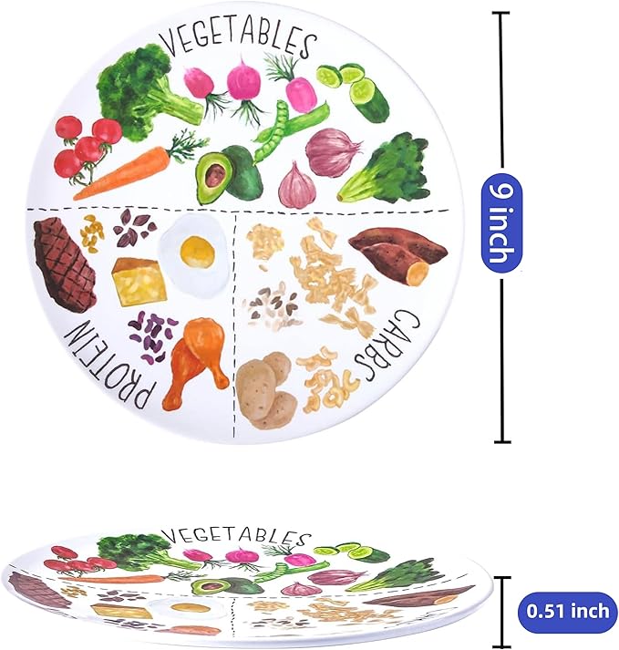 9" Portion Control Plate - Healthy Nutrition Plate for Adults and Teens, Melamine, Ideal for Weight Loss and Diabetes Management (4 Pack)