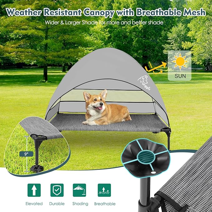Upgraded Elevated Dog Bed with Canopy, Portable Raised Outdoor Dog Bed with Stable Anti-Slip Feet, Wider Shade Pet Bed Cot, Raised Dog Beds for Large Dogs Camping, Indoor &amp; Outdoor Use