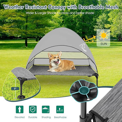Upgraded Elevated Dog Bed with Canopy, Portable Raised Outdoor Dog Bed with Stable Anti-Slip Feet, Wider Shade Pet Bed Cot, Raised Dog Beds for Large Dogs Camping, Indoor &amp; Outdoor Use