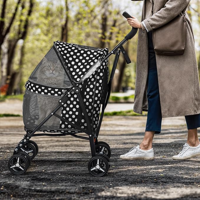 MoNiBloom 4 Wheels Pet Stroller, Easy-Fold Umbrella Shaped Dog Cat Jogger Stroller w/Storage Bag &amp; Visible Mesh for Small/Medium Dogs Cats Black Polka Dots