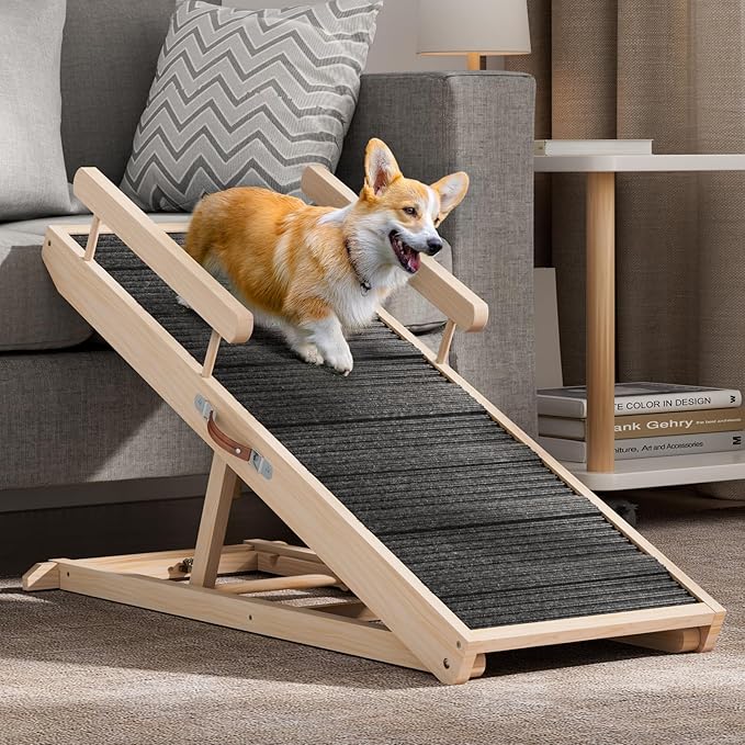Dog Ramp for Bed, Couch, Car, Folding Pet Ramps 44.48" Long Adjustable 15"-22" Wooden Stairs with High Traction Mat &amp; Safety Side Rails for Small &amp; Medium Old Dogs &amp; Cats, up to 200 lbs