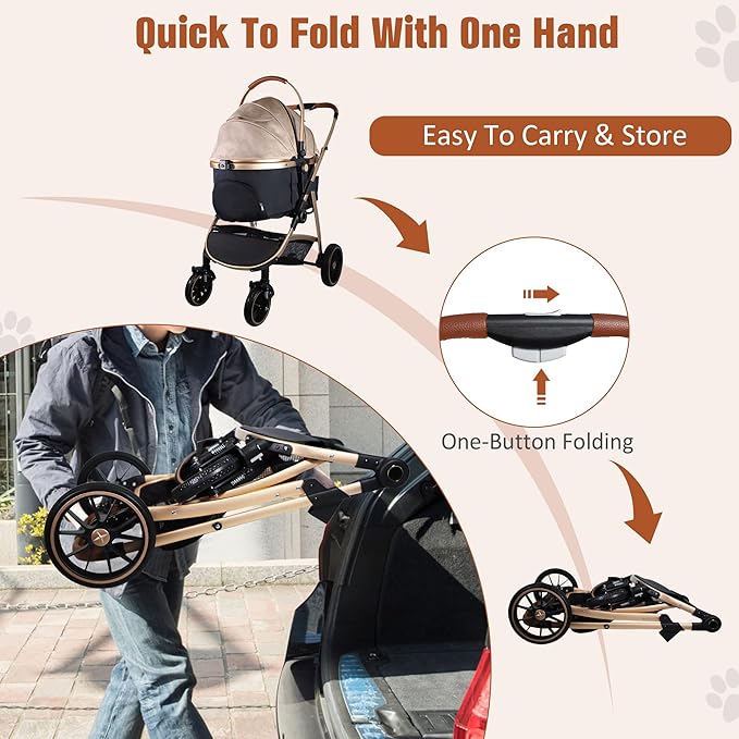3 in 1 Multifunction Pet Stroller for Small Medium Dogs Cats, No-Zip Dog Stroller with Detachable Carrier &amp; Cup Holder, One-Hand Quick Fold, 4 Wheels Travel Foldable Aluminum Alloy Frame Up to 33 lbs